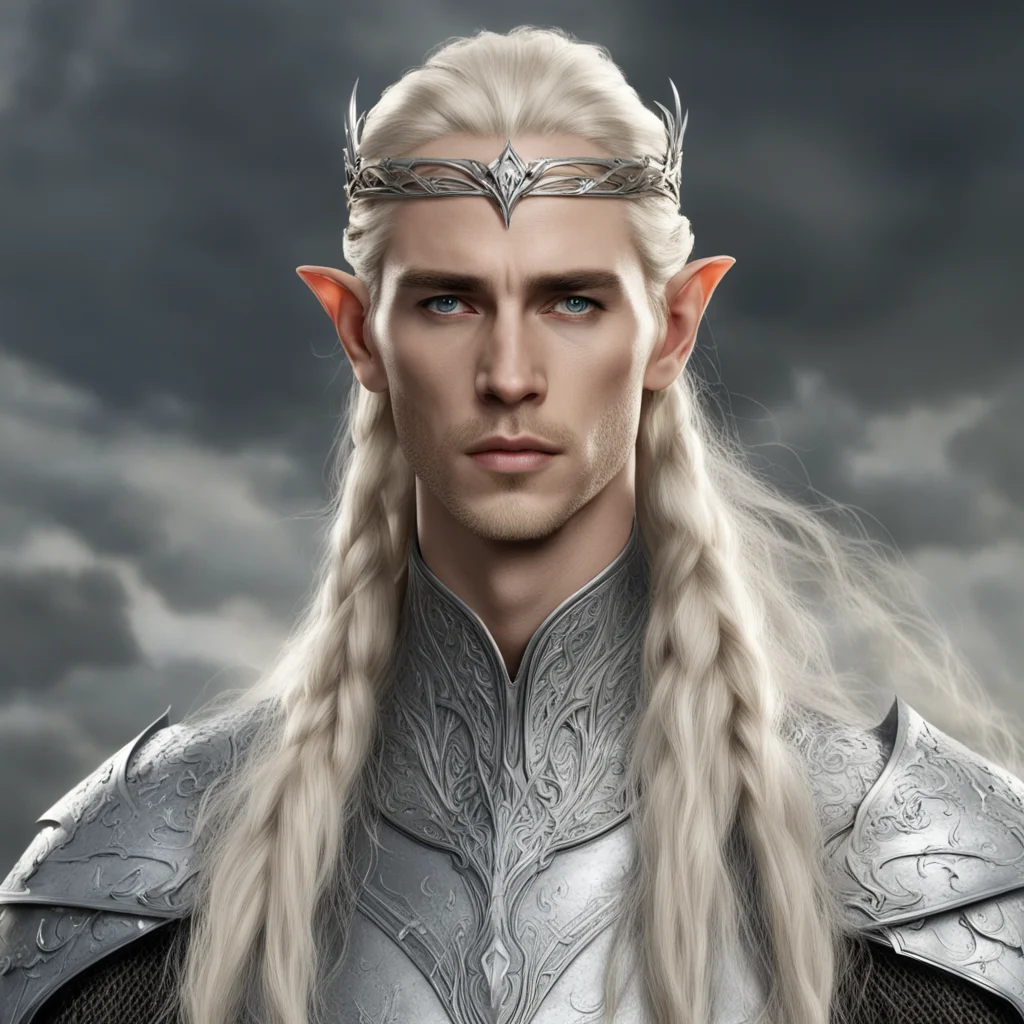 king thranduil with blond hair and braids wearing silver armor and silver elvish circlet with large center diamond good looking trending fantastic 1