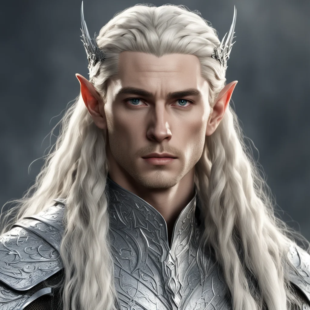 king thranduil with blond hair and braids wearing silver armor and silver elvish circlet with large center diamond