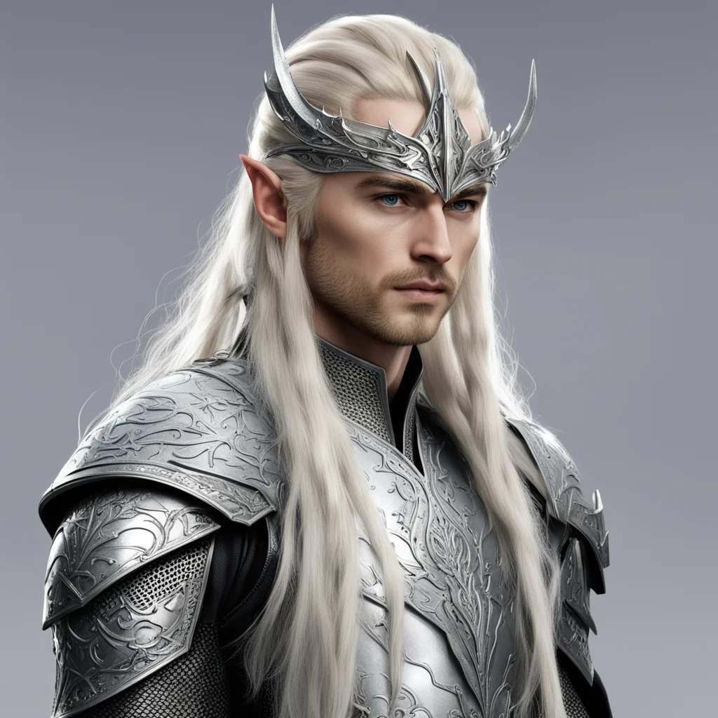 king thranduil with blond hair and braids wearing silver armor wearing silver elvish helmet with large center diamond  good looking trending fantastic 1