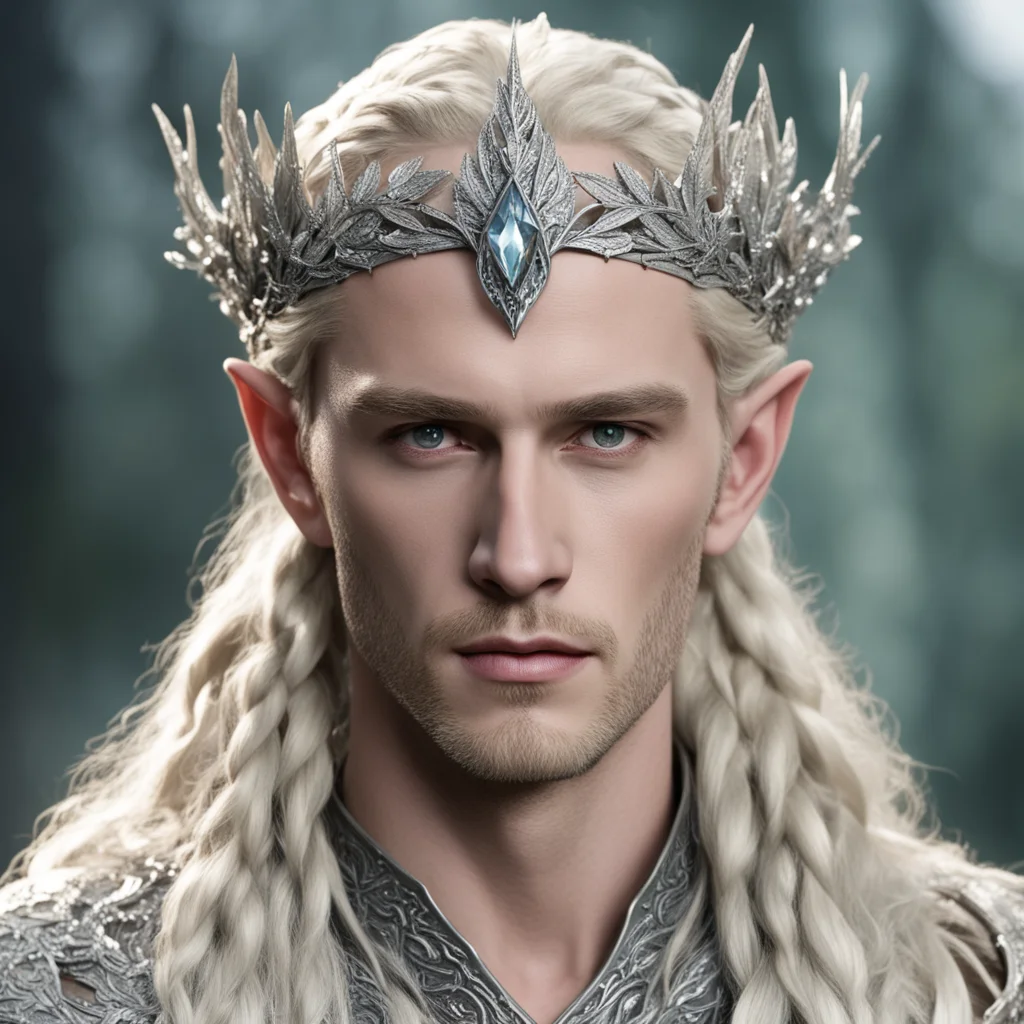 aiking thranduil with blond hair and braids wearing silver beech leaf elvish circlet heavily encrusted with diamonds with large center diamond cluster amazing awesome portrait 2