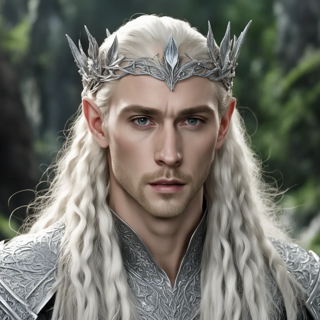 aiking thranduil with blond hair and braids wearing silver beech leaf silver elvish circlet encrusted with diamonds with large center diamond  amazing awesome portrait 2