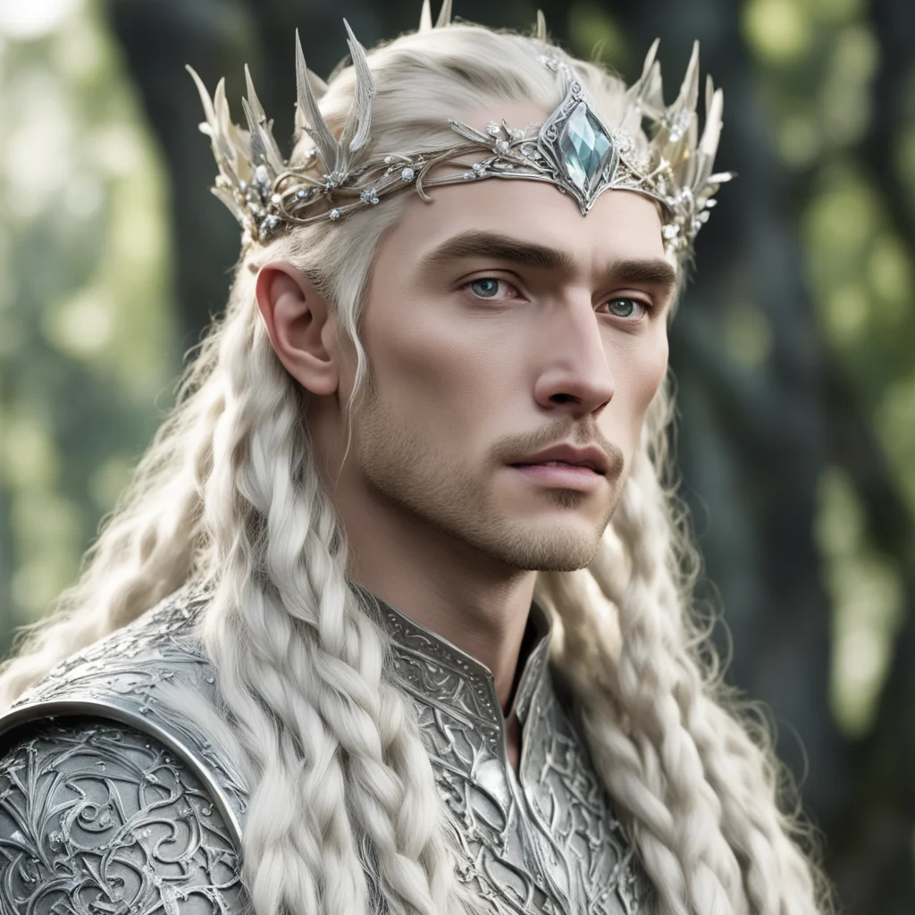 king thranduil with blond hair and braids wearing silver birch circlet encrusted with diamonds and large diamond clusters amazing awesome portrait 2