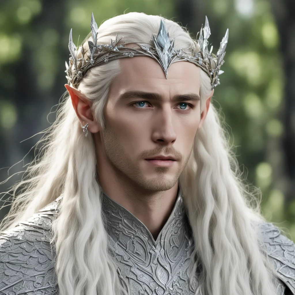 king thranduil with blond hair and braids wearing silver birch circlet encrusted with diamonds and large diamond clusters good looking trending fantastic 1