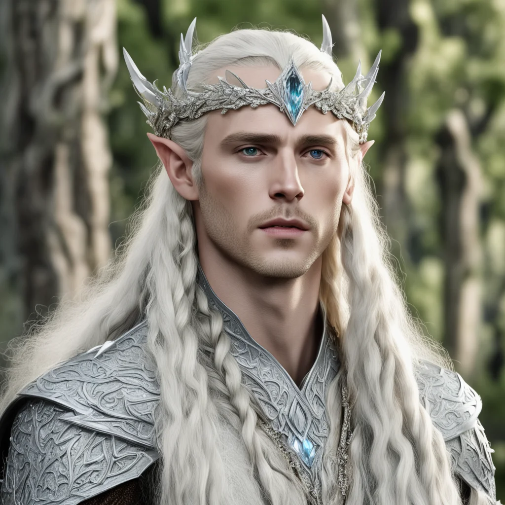 king thranduil with blond hair and braids wearing silver birch circlet encrusted with diamonds and large diamond clusters