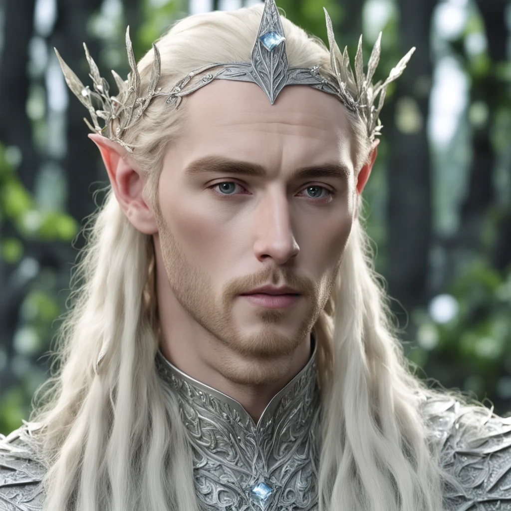 king thranduil with blond hair and braids wearing silver birch leaf encrusted with diamonds elvish circlet with center diamond good looking trending fantastic 1