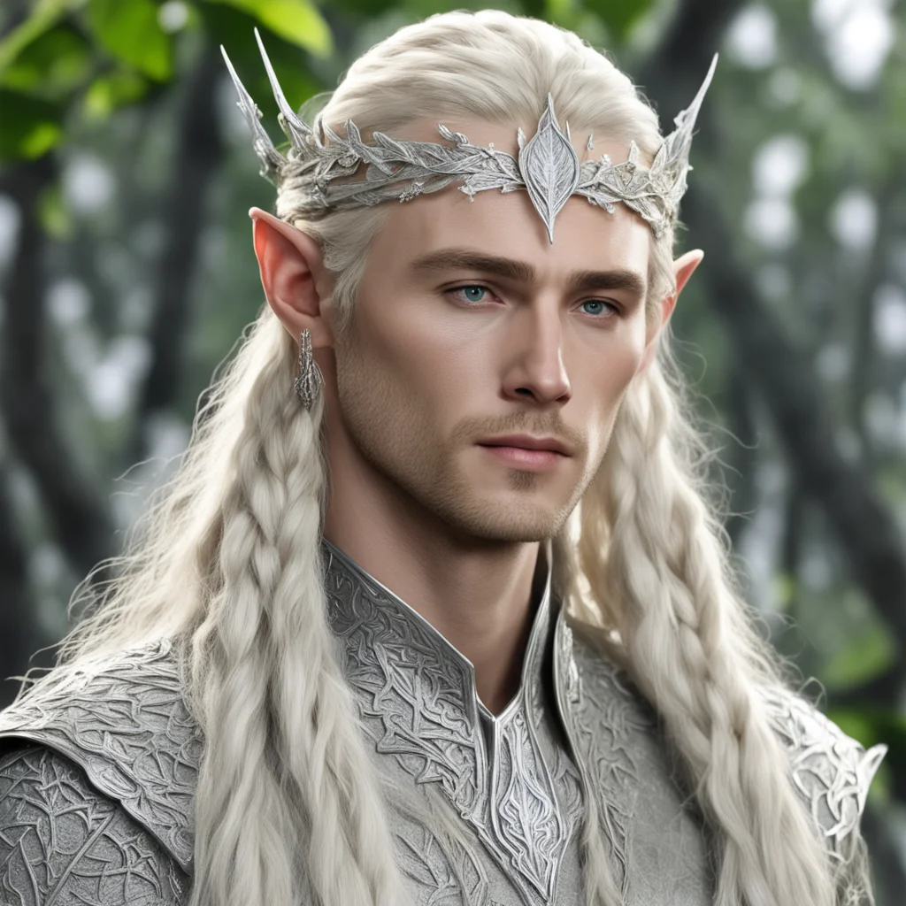 king thranduil with blond hair and braids wearing silver birch leaf silver elven circlet encrusted with diamonds with large center diamond amazing awesome portrait 2