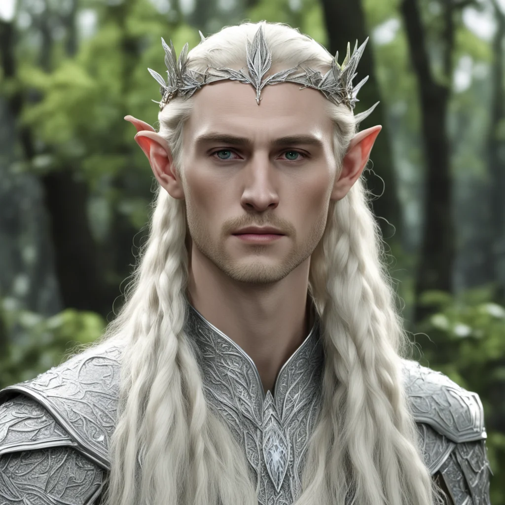 king thranduil with blond hair and braids wearing silver birch leaf silver elven circlet encrusted with diamonds with large center diamond good looking trending fantastic 1