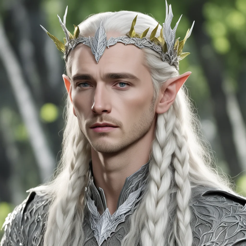 king thranduil with blond hair and braids wearing silver birch leaf silver elven circlet encrusted with diamonds with large center diamond
