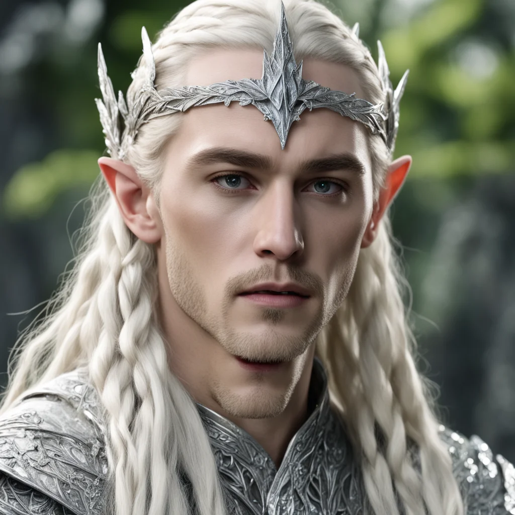 king thranduil with blond hair and braids wearing silver birch leaf silver elvish circlet and encrusted with diamonds and large center diamond  confident engaging wow artstation art 3