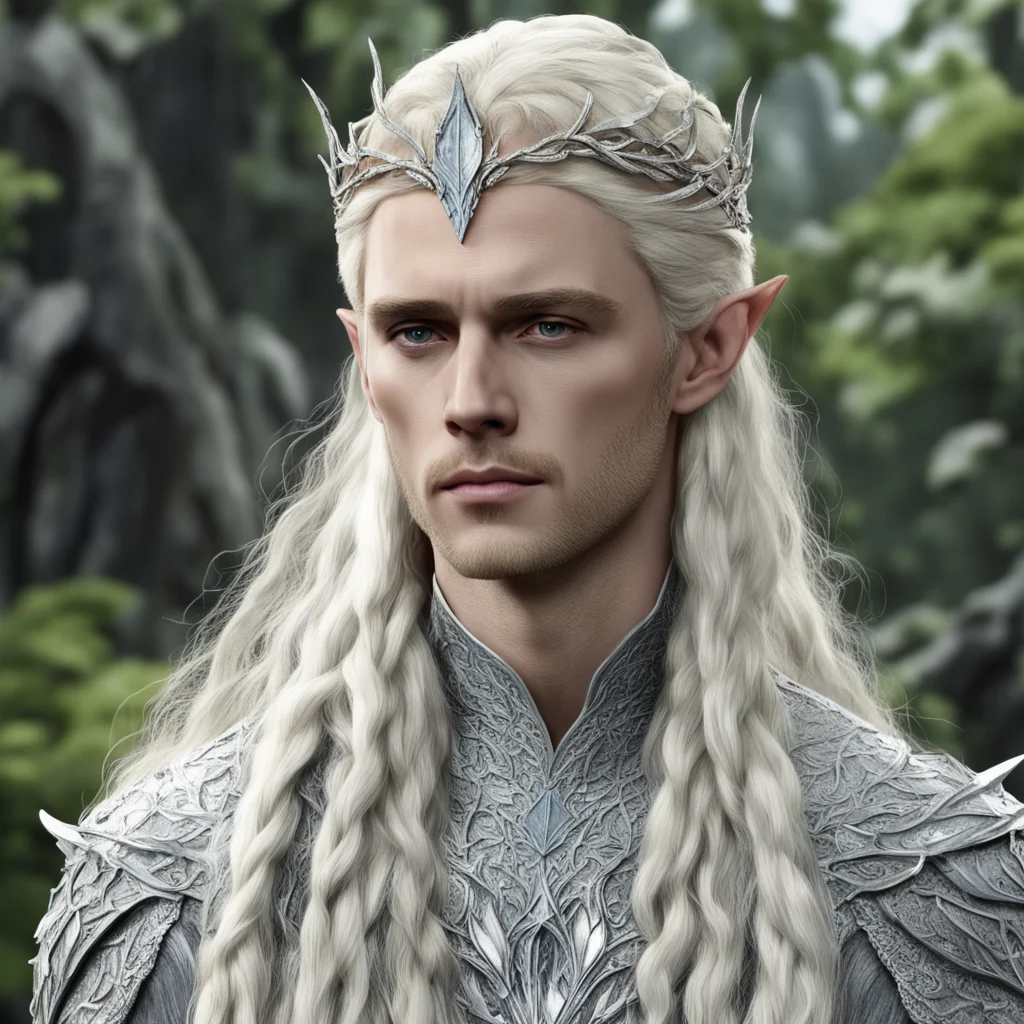 king thranduil with blond hair and braids wearing silver birch leaf silver elvish circlet and encrusted with diamonds and large center diamond  good looking trending fantastic 1