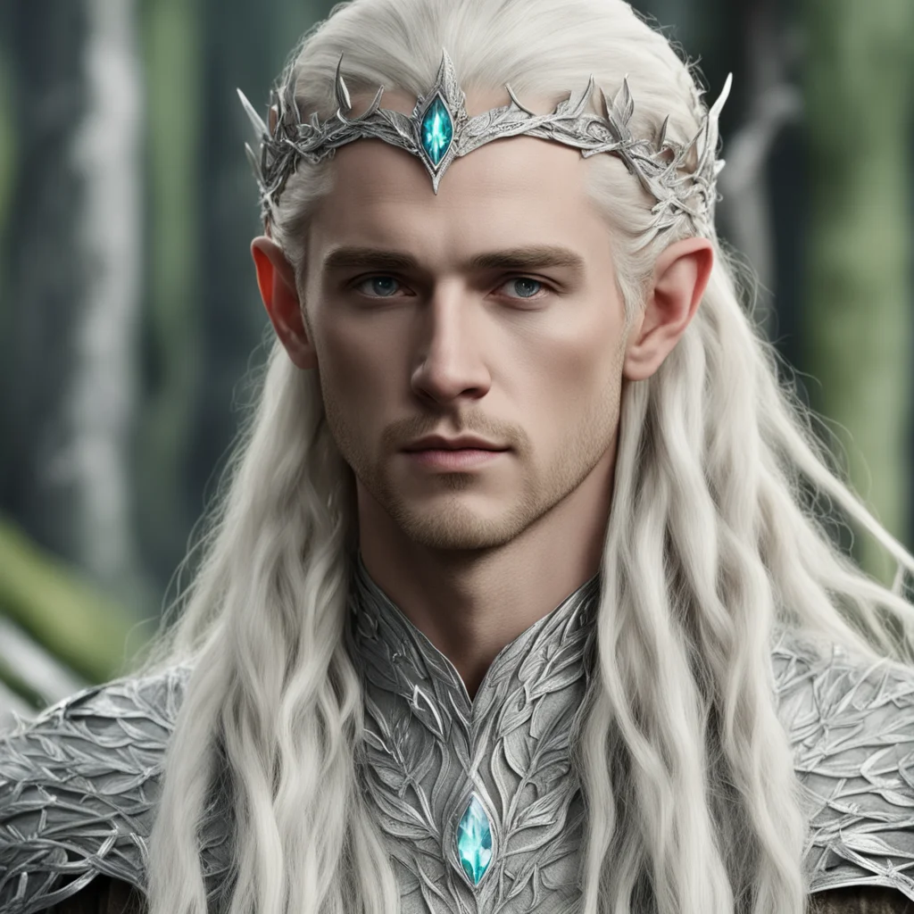 king thranduil with blond hair and braids wearing silver birch leaf silver elvish circlet and encrusted with diamonds and large center diamond 