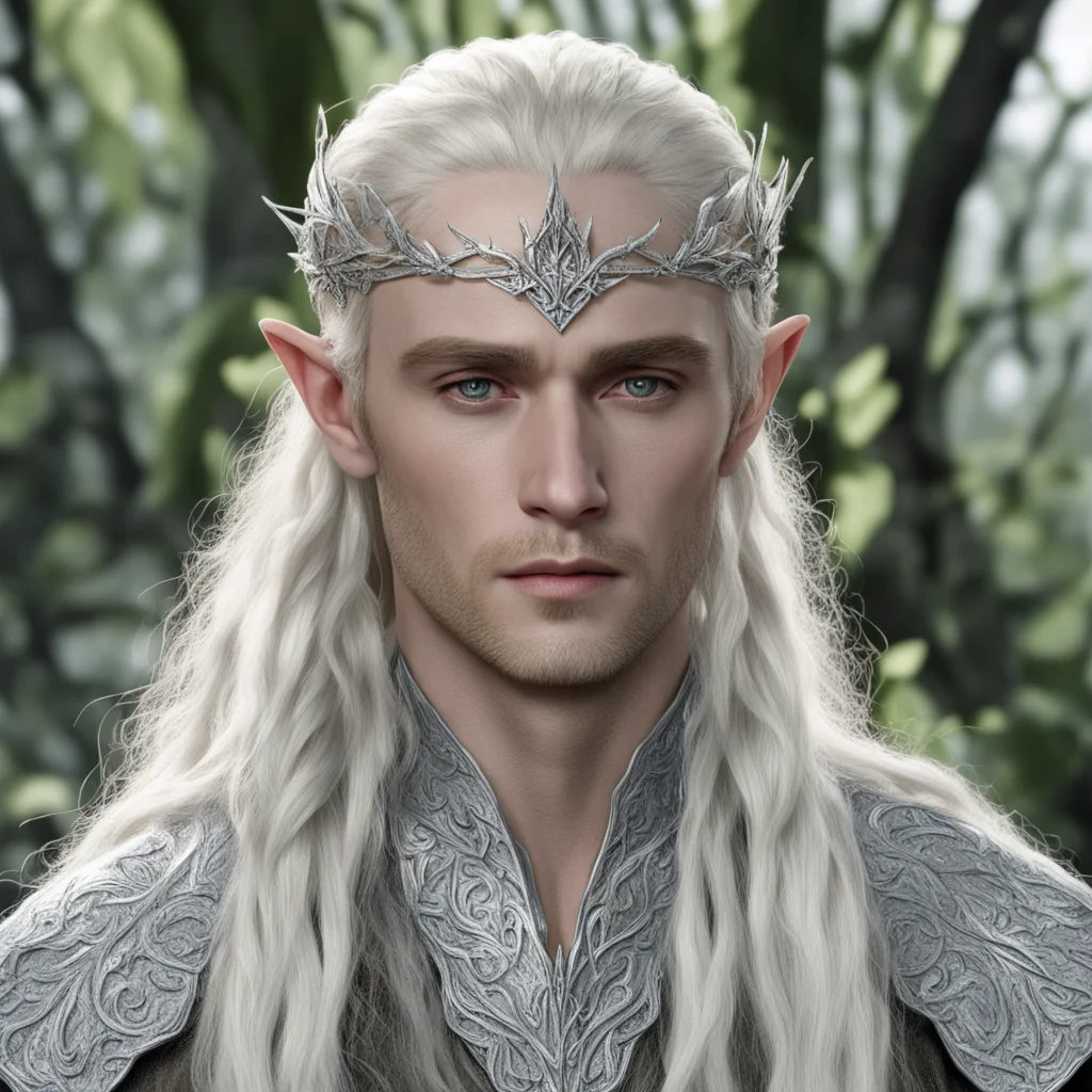 king thranduil with blond hair and braids wearing silver birch leaf silver elvish circlet encrusted with diamonds with large center diamond  amazing awesome portrait 2