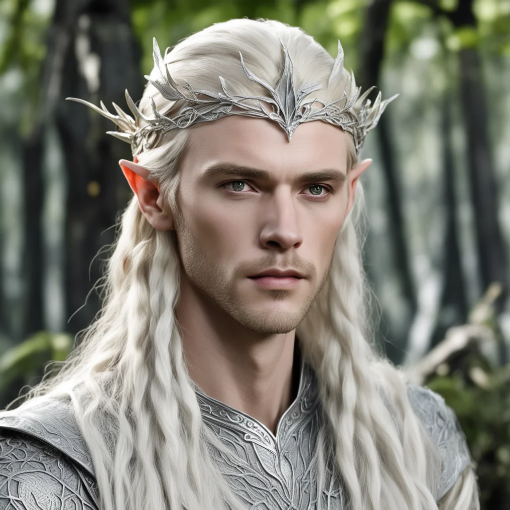 king thranduil with blond hair and braids wearing silver birch leaf silver elvish circlet encrusted with diamonds with large center diamond  confident engaging wow artstation art 3