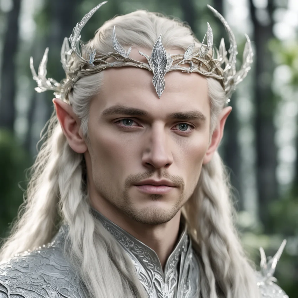 king thranduil with blond hair and braids wearing silver birch leaf silver elvish circlet encrusted with diamonds with large center diamond  good looking trending fantastic 1