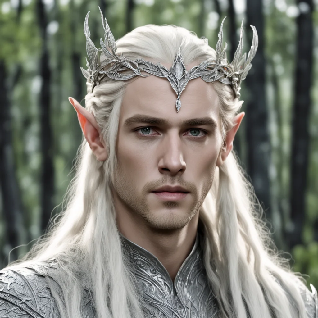 king thranduil with blond hair and braids wearing silver birch leaf silver elvish circlet encrusted with diamonds with large center diamond 