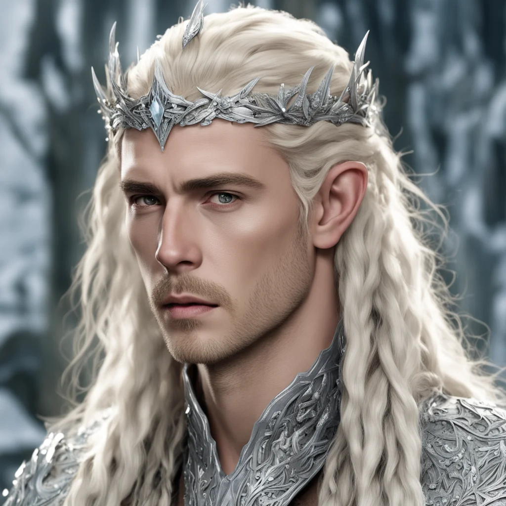 king thranduil with blond hair and braids wearing silver cedar circlet encrusted with diamonds and large diamond clusters amazing awesome portrait 2