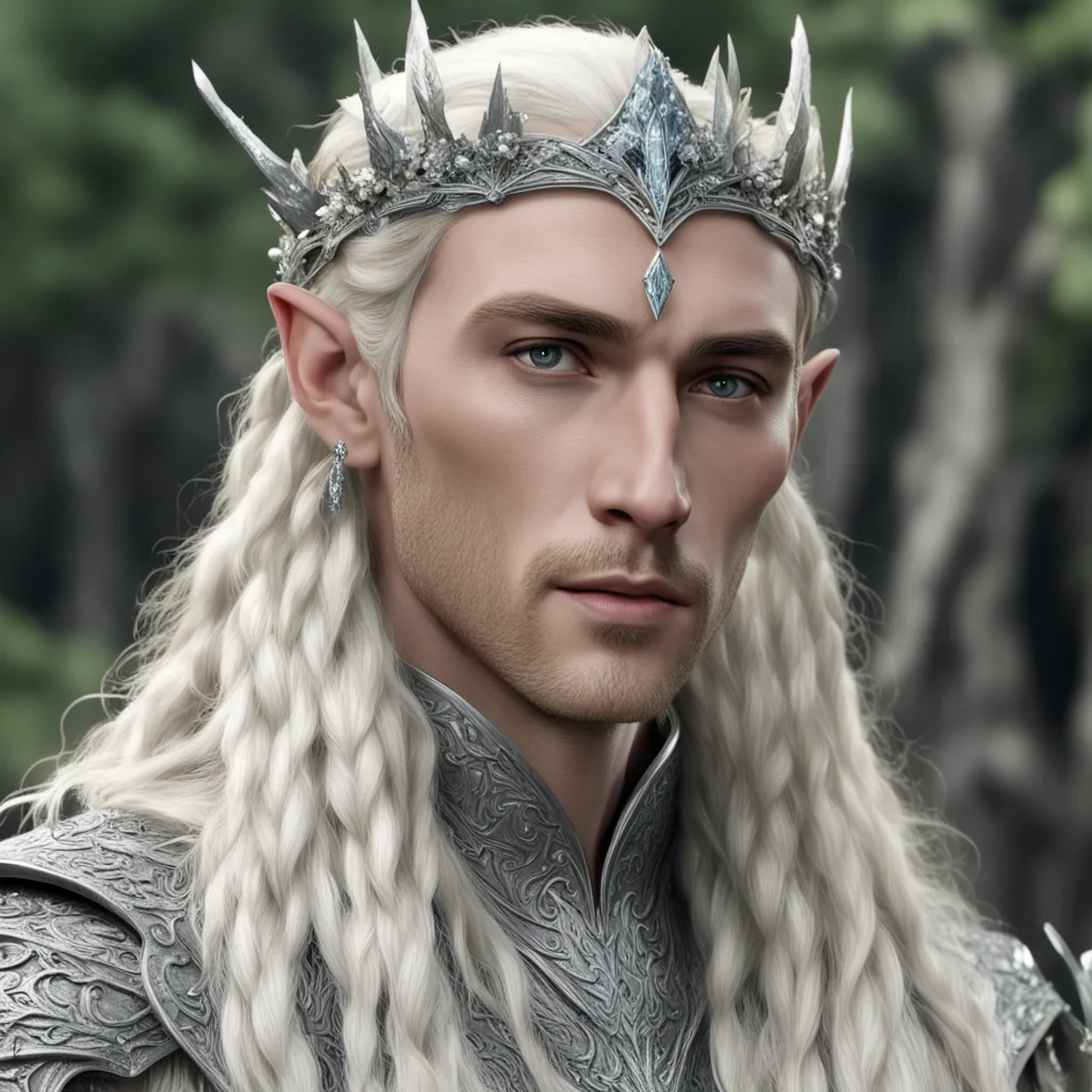 king thranduil with blond hair and braids wearing silver cedar circlet encrusted with diamonds and large diamond clusters confident engaging wow artstation art 3