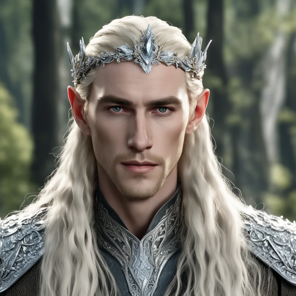 king thranduil with blond hair and braids wearing silver cedar circlet encrusted with diamonds and large diamond clusters good looking trending fantastic 1