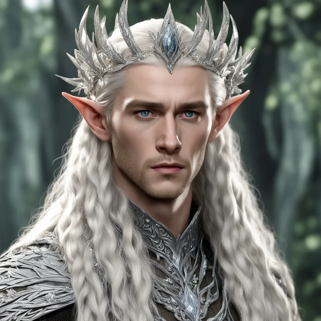 king thranduil with blond hair and braids wearing silver cedar leaves encrusted with diamonds with large clusters of diamonds to form a silver elvish circlet with large center diamond 
