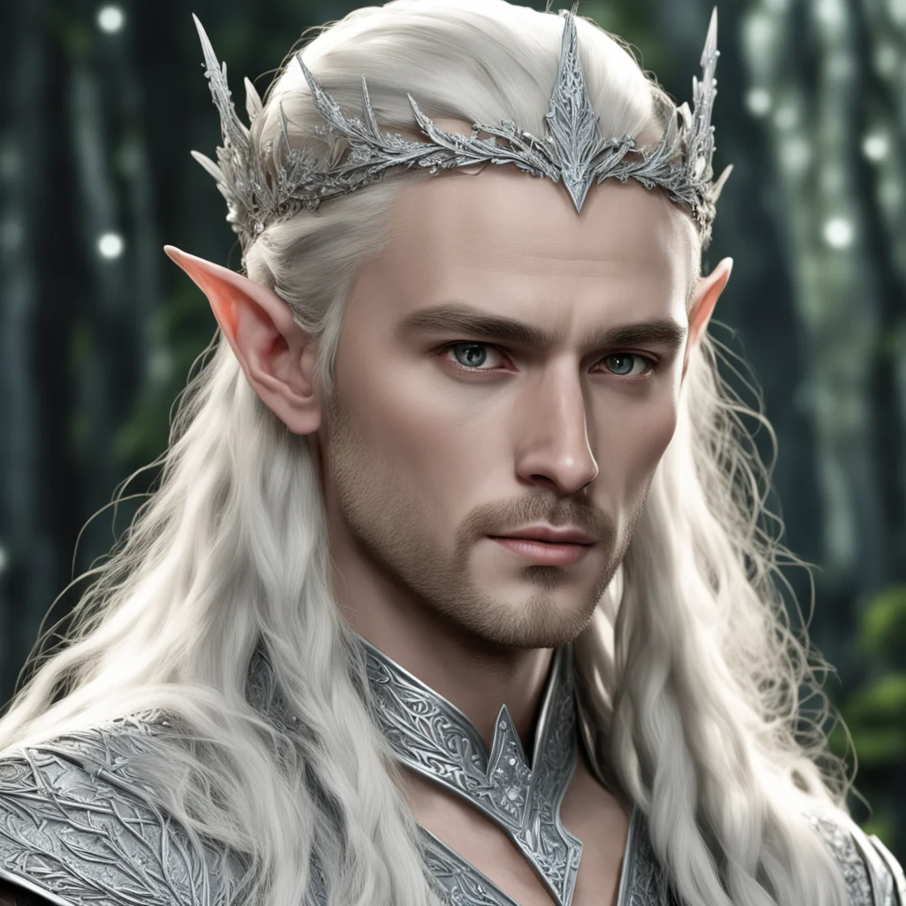king thranduil with blond hair and braids wearing silver cedar leaves encrusted with diamonds with large diamond clusters to form a silver elvish circlet with large center diamond