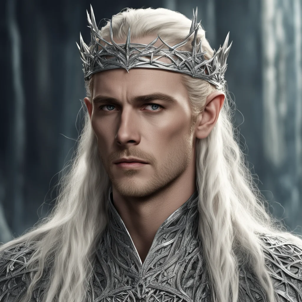 king thranduil with blond hair and braids wearing silver crown of thorns encrusted with diamond with large center diamond 