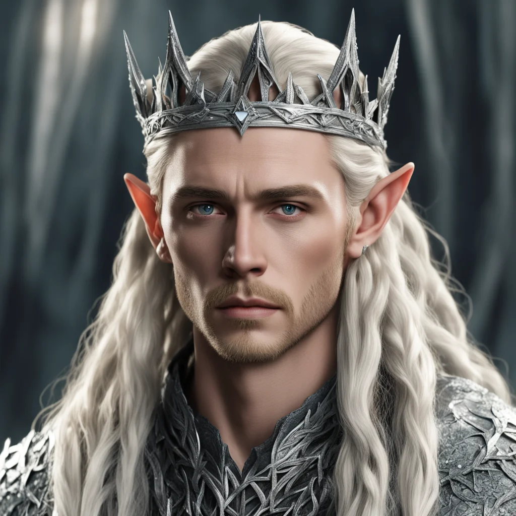 king thranduil with blond hair and braids wearing silver crown of thorns encrusted with diamond with large center diamond