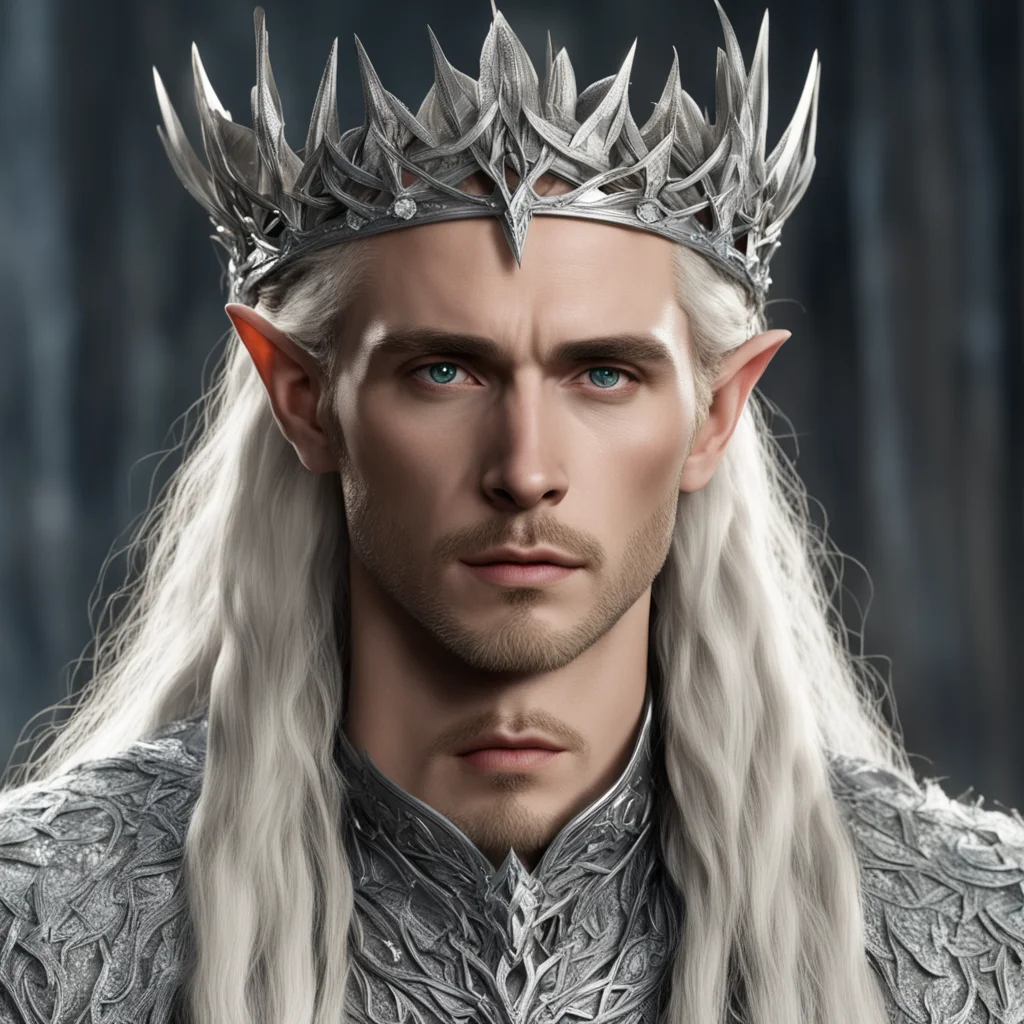 king thranduil with blond hair and braids wearing silver crown of thorns encrusted with large diamonds with large center diamond amazing awesome portrait 2