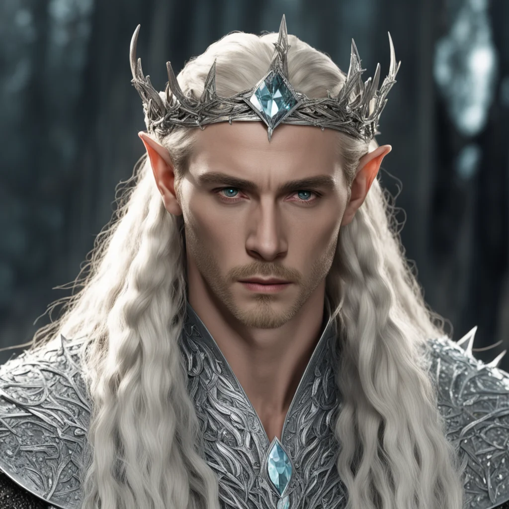 king thranduil with blond hair and braids wearing silver crown of thorns encrusted with large diamonds with large center diamond