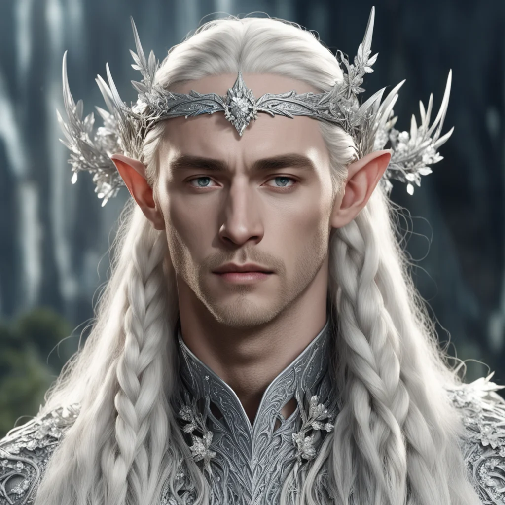king thranduil with blond hair and braids wearing silver diamond flowers to form a silver elvish coronet encrusted with diamonds with large center diamonds amazing awesome portrait 2