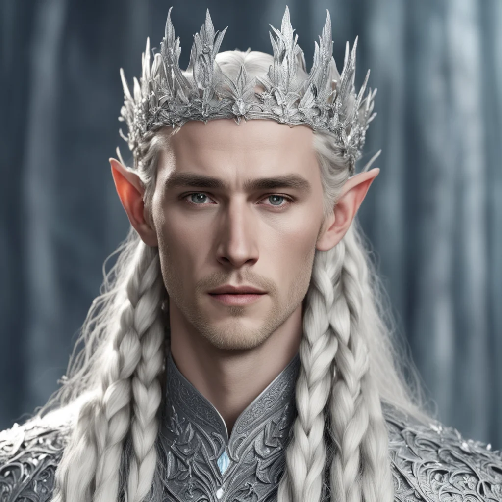 king thranduil with blond hair and braids wearing silver diamond flowers to form a silver elvish coronet encrusted with diamonds with large center diamonds