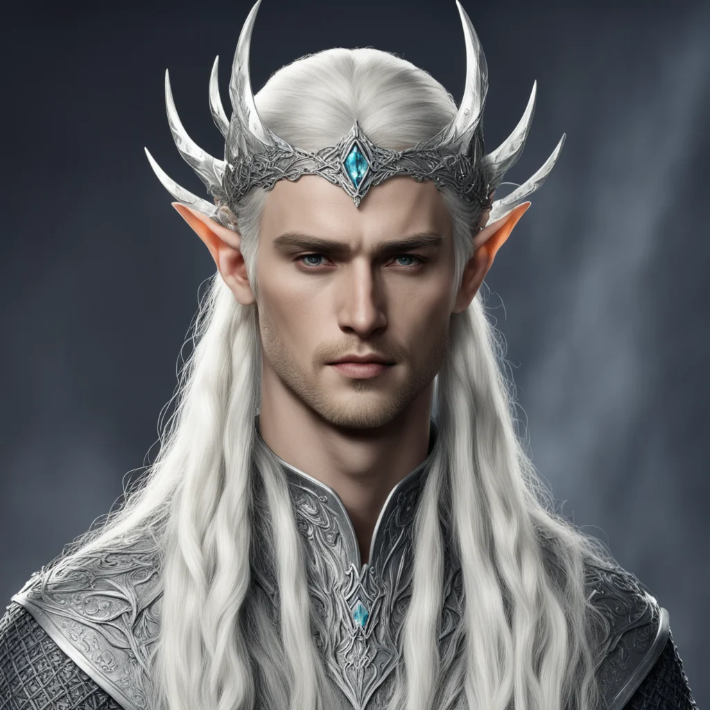 aiking thranduil with blond hair and braids wearing silver diamond rosettes to form a silver elvish circlet with large center diamond confident engaging wow artstation art 3