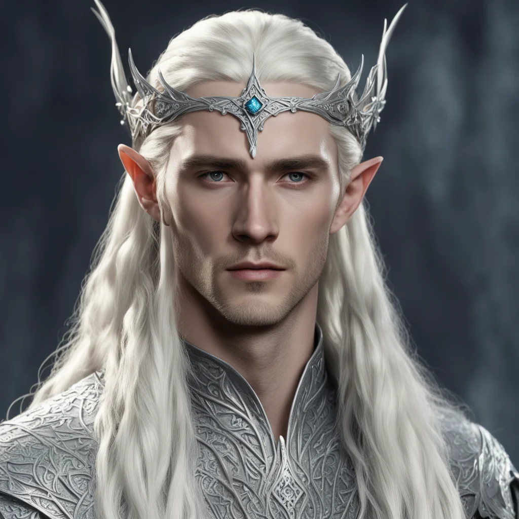 king thranduil with blond hair and braids wearing silver diamond rosettes to form a silver elvish circlet with large center diamond good looking trending fantastic 1