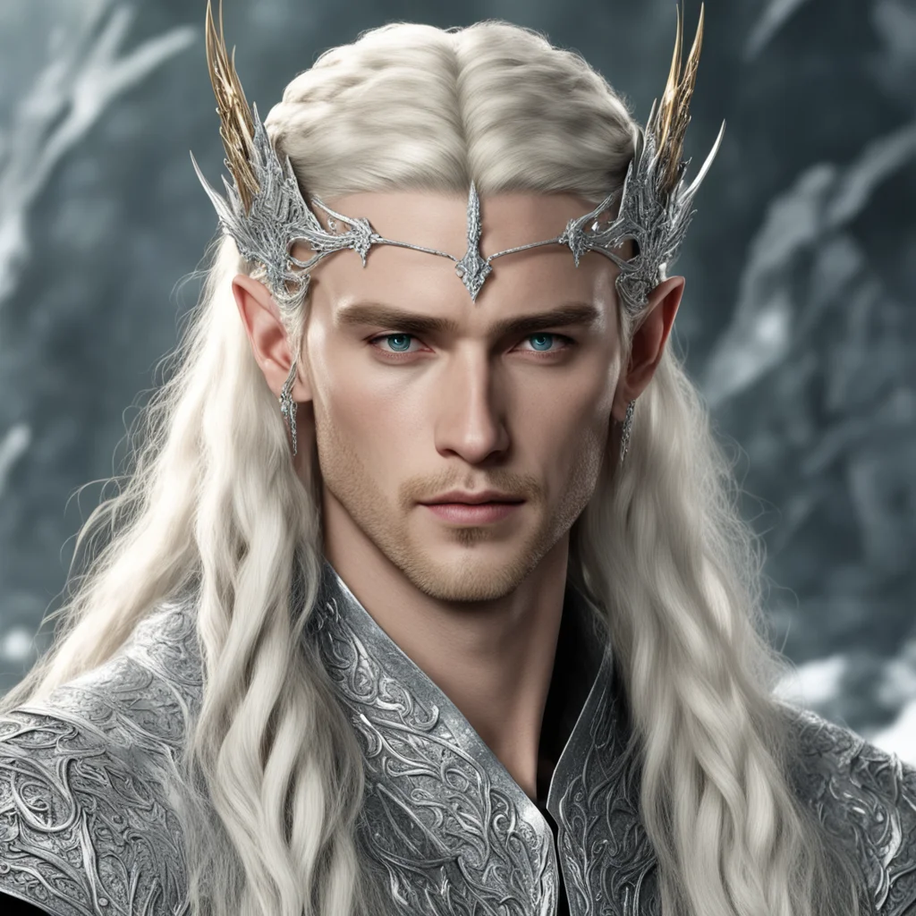 king thranduil with blond hair and braids wearing silver dragon elvish circlet encrusted with diamonds with large center diamond  confident engaging wow artstation art 3