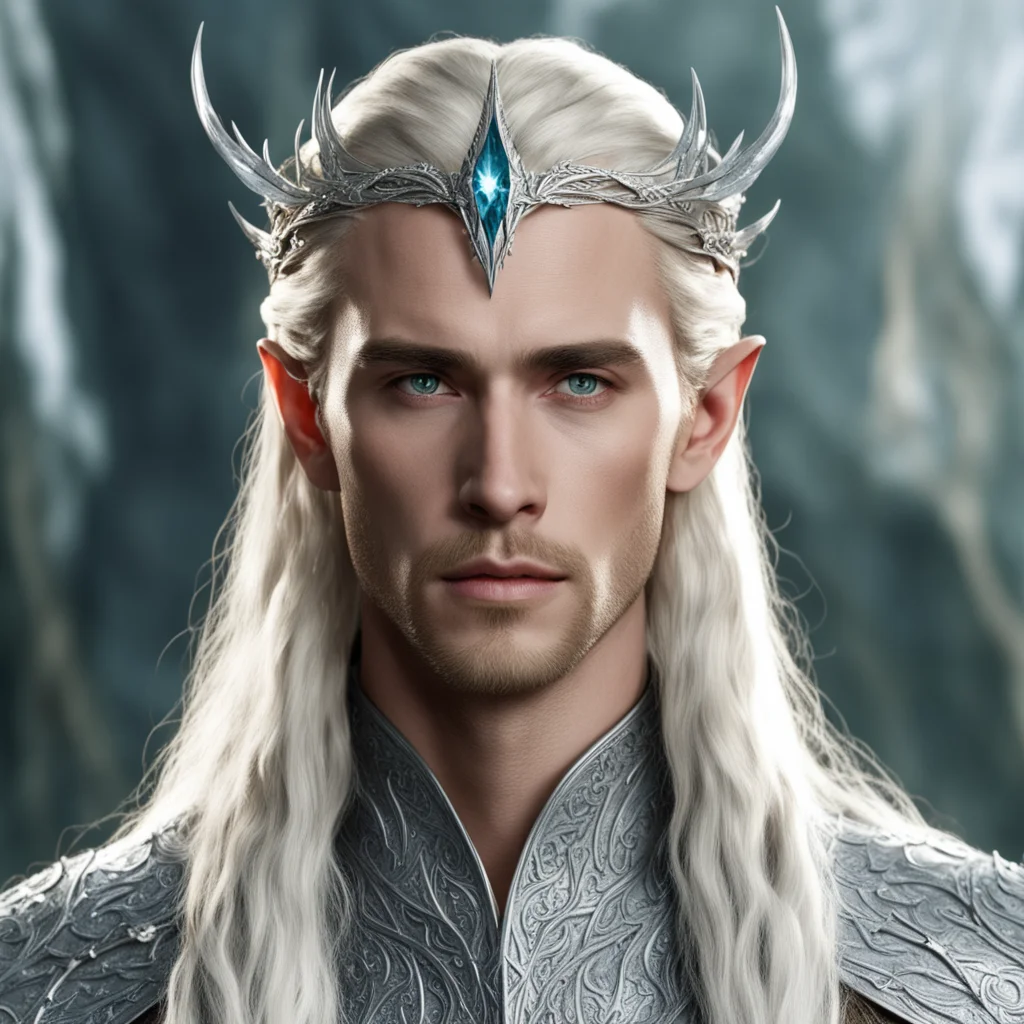 aiking thranduil with blond hair and braids wearing silver dragon elvish circlet encrusted with diamonds with large center diamond 