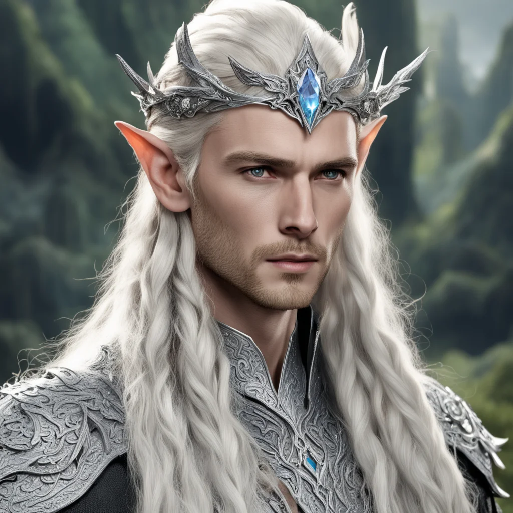 aiking thranduil with blond hair and braids wearing silver dragon elvish circlet encrusted with diamonds with large center diamond amazing awesome portrait 2