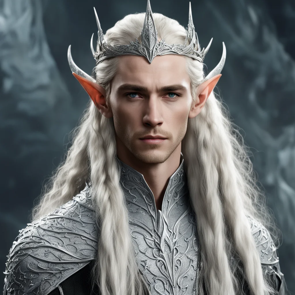 king thranduil with blond hair and braids wearing silver dragon elvish circlet encrusted with diamonds with large center diamond confident engaging wow artstation art 3