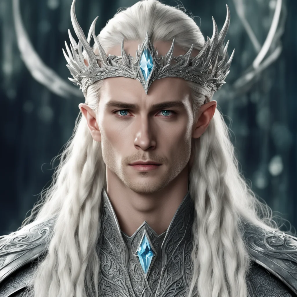 king thranduil with blond hair and braids wearing silver dragon elvish circlet encrusted with diamonds with large center diamond