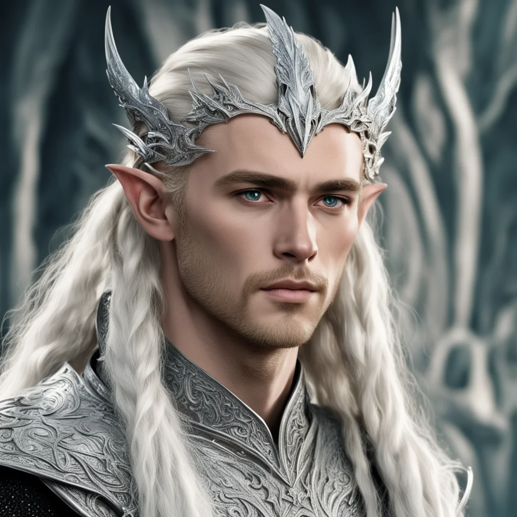 king thranduil with blond hair and braids wearing silver dragon elvish circlet encrusted with diamonds with large diamond at the center amazing awesome portrait 2