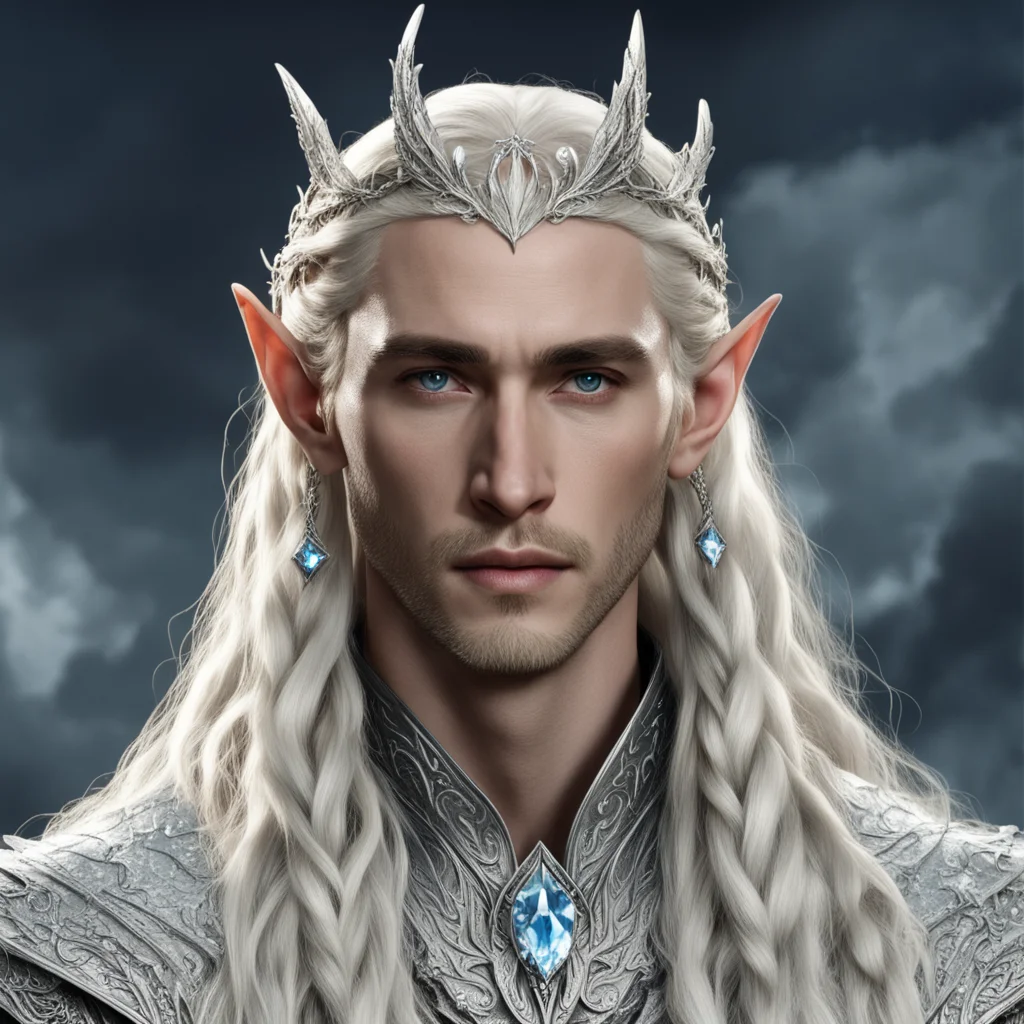 king thranduil with blond hair and braids wearing silver dragon elvish circlet encrusted with diamonds with large diamond at the center