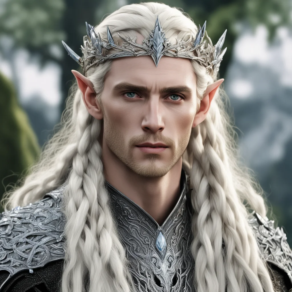 king thranduil with blond hair and braids wearing silver elm circlet encrusted with diamonds and large diamond clusters confident engaging wow artstation art 3