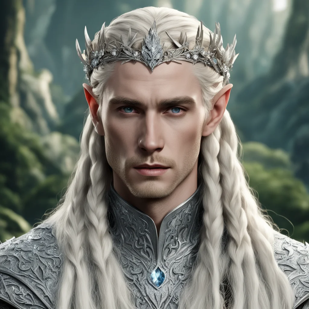 king thranduil with blond hair and braids wearing silver elm circlet encrusted with diamonds and large diamond clusters good looking trending fantastic 1