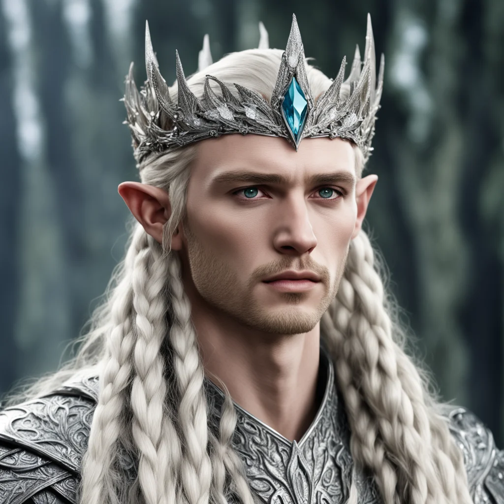 king thranduil with blond hair and braids wearing silver elm circlet encrusted with diamonds and large diamond clusters