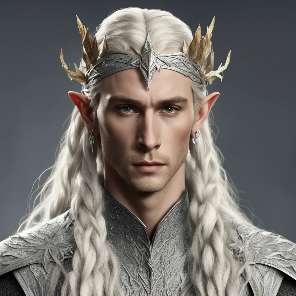king thranduil with blond hair and braids wearing silver elm leaf with large diamonds elvish circlet good looking trending fantastic 1