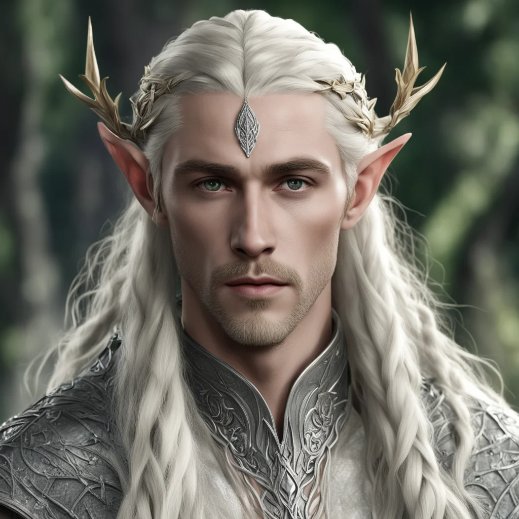 king thranduil with blond hair and braids wearing silver elm leaf with large diamonds elvish circlet