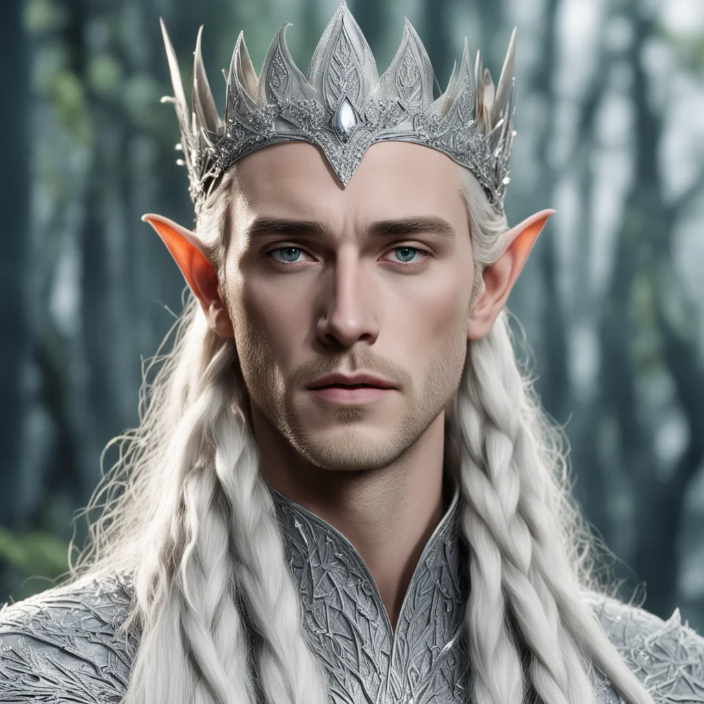 king thranduil with blond hair and braids wearing silver elvish circlet comprised on small silver leaves encrusted with diamonds with large center diamond amazing awesome portrait 2