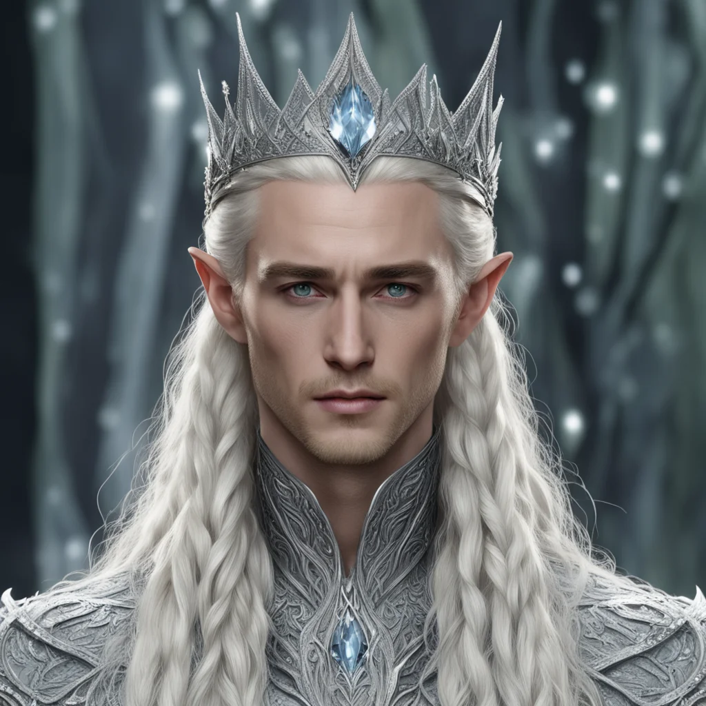 king thranduil with blond hair and braids wearing silver elvish circlet comprised on small silver leaves encrusted with diamonds with large center diamond good looking trending fantastic 1