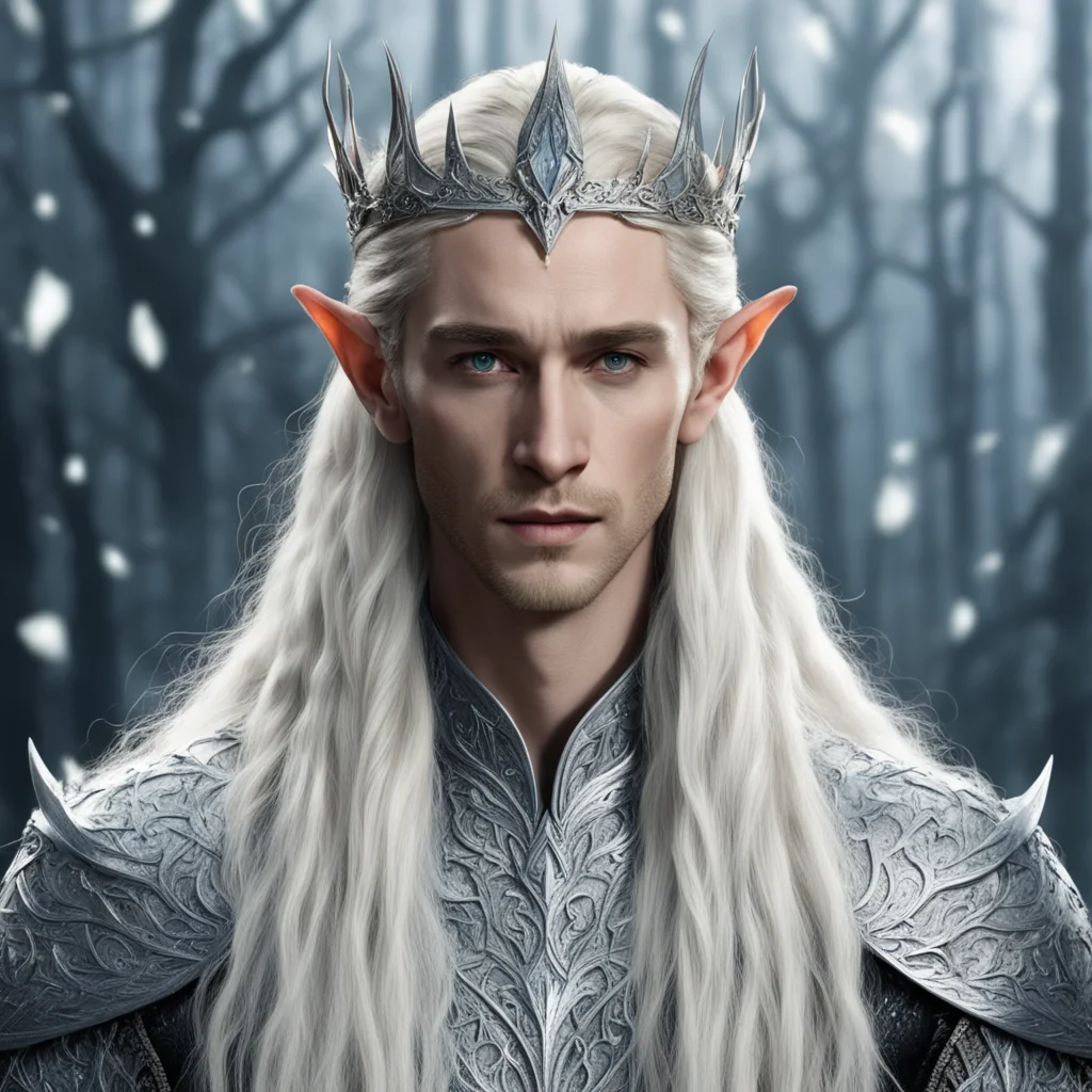 king thranduil with blond hair and braids wearing silver elvish circlet comprised on small silver leaves encrusted with diamonds with large center diamond