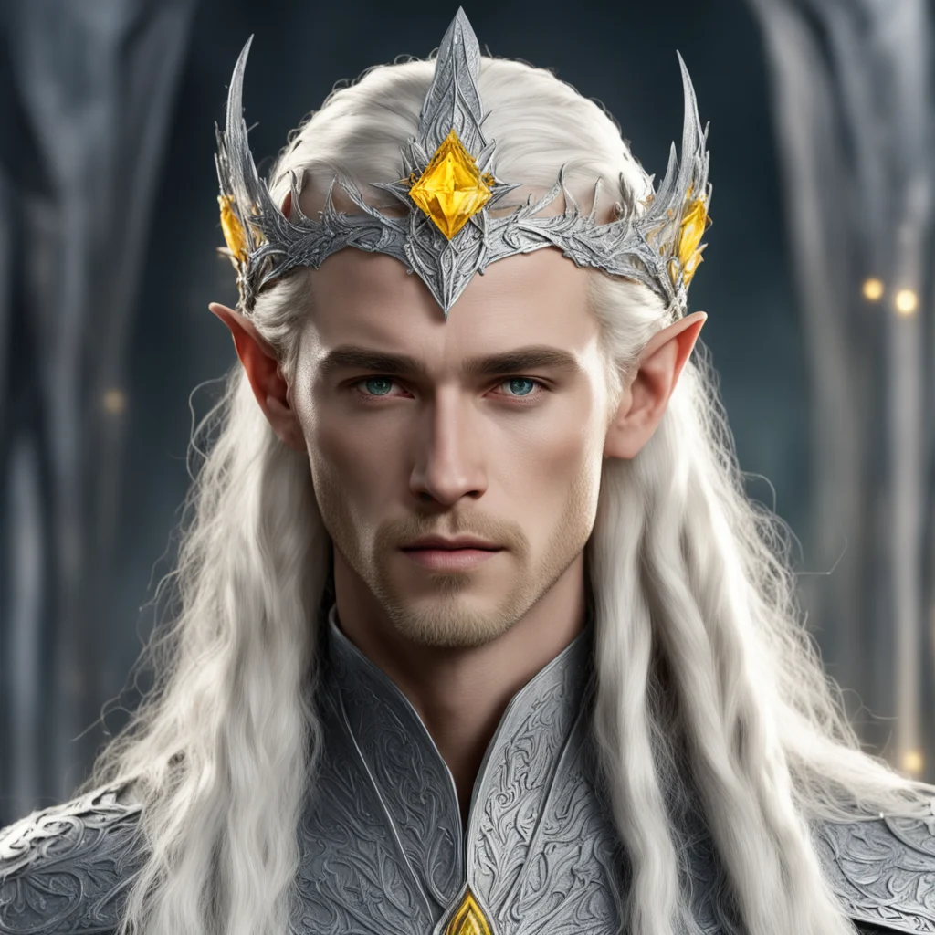 king thranduil with blond hair and braids wearing silver elvish circlet encrusted with diamond with large center yellow diamond amazing awesome portrait 2