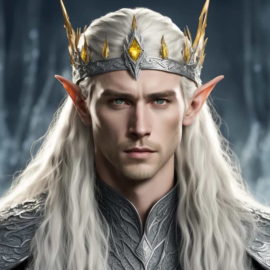 king thranduil with blond hair and braids wearing silver elvish circlet encrusted with diamond with large center yellow diamond good looking trending fantastic 1