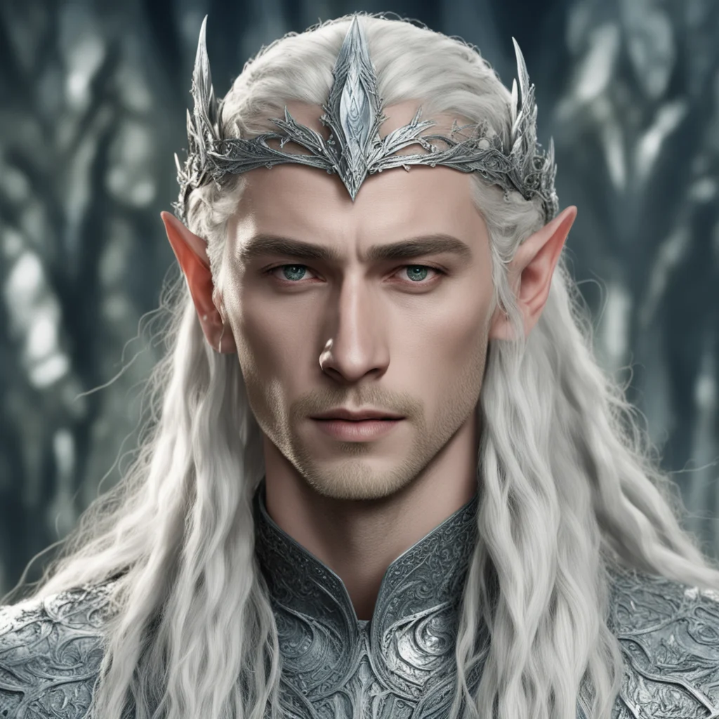 king thranduil with blond hair and braids wearing silver elvish circlet heavily encrusted with diamonds confident engaging wow artstation art 3